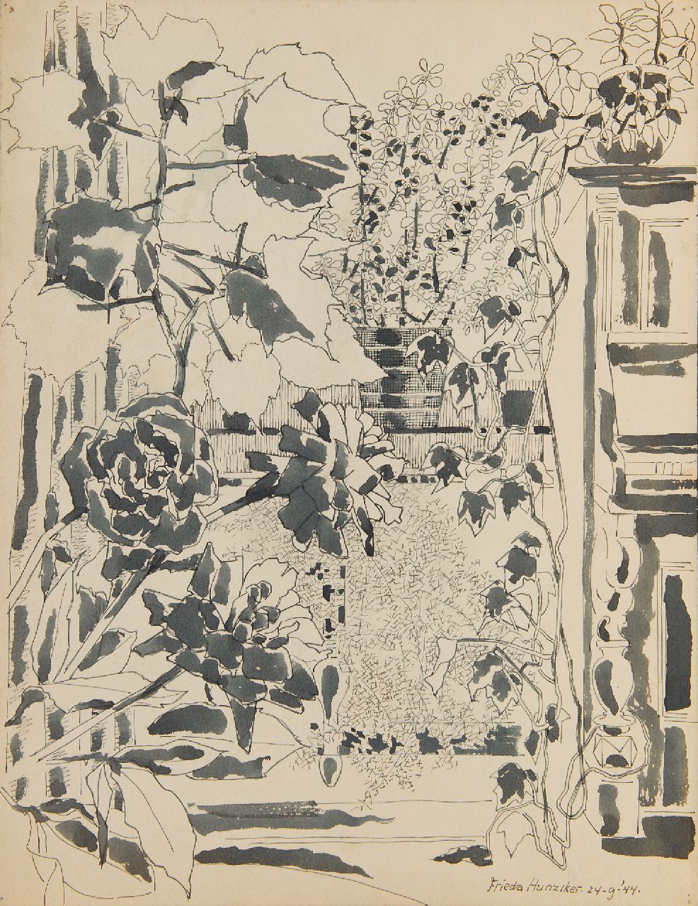 Frieda Hunziker | Balkon und Klavier (Vorstudie), Feder, Pinsel und Tinte auf Papier, 45,0 x 34,7 cm, Unterzeichnet u.r. und datiert 24-9-'44