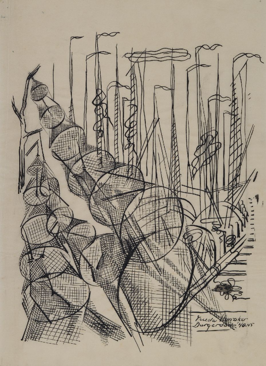 Hunziker F.  | Frieda Hunziker, Masten und trocknende Fischernetze, Durgerdam, Feder und Tinte auf Pergament 33,2 x 24,0 cm, Unterzeichnet u.r. und datiert '40-'45