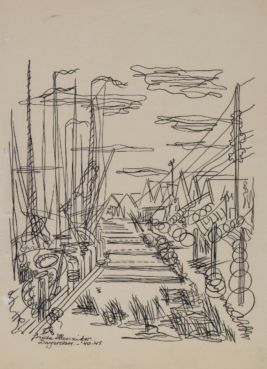 Hunziker F.  | Frieda Hunziker | Aquarelle und Zeichnungen zum Verkauf angeboten | Häuser am Wasser, Durgerdam, Feder und Tinte auf Pergament 33,2 x 24,0 cm, Unterzeichnet u.l. und datiert '40-'45