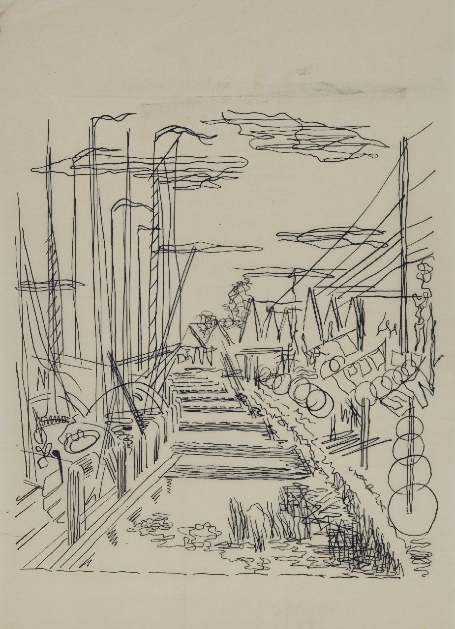 Hunziker F.  | Frieda Hunziker | Aquarelle und Zeichnungen zum Verkauf angeboten | Häuser am Wasser, Durgerdam, Feder auf Vellum 33,1 x 24,0 cm, zu datieren um 1940-1945
