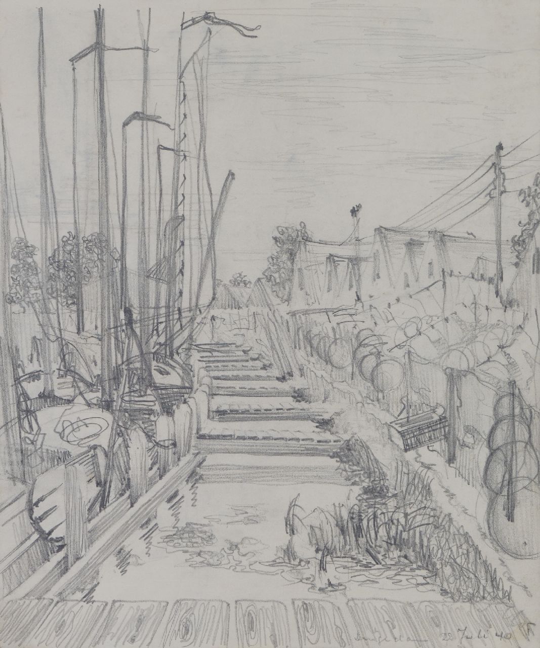 Hunziker F.  | Frieda Hunziker | Aquarelle und Zeichnungen zum Verkauf angeboten | Häuser am Wasser, Durgerdam, Bleistift auf Papier auf Pappe 40,8 x 32,6 cm, datiert 23 Juli 40