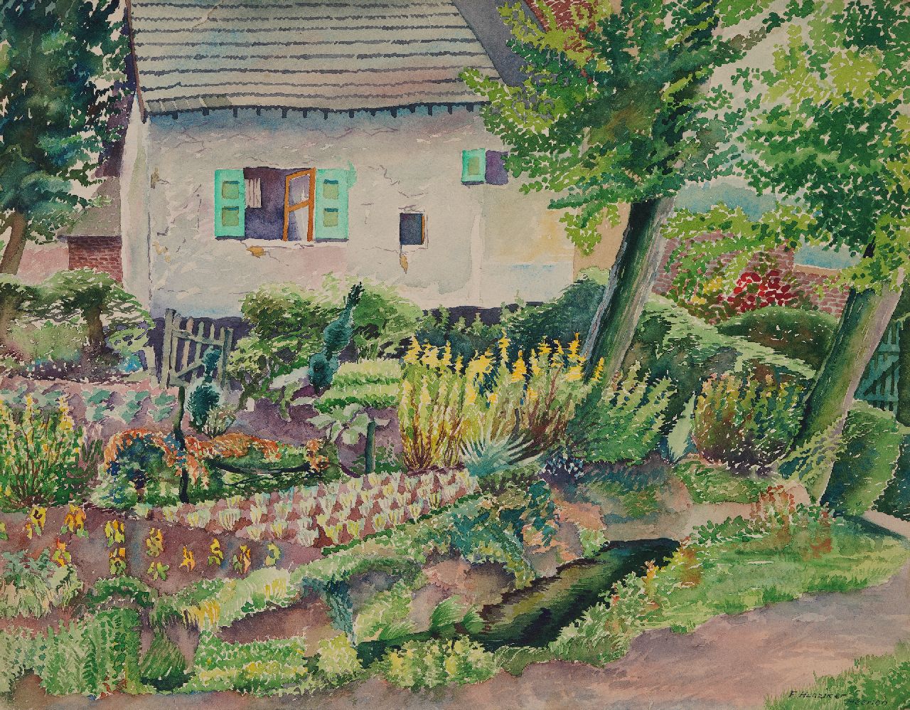 Hunziker F.  | Frieda Hunziker, Gemüsegarten auf einem Bauernhof, Heerlen, Öl auf Papier 35,0 x 45,0 cm, Unterzeichnet u.r.