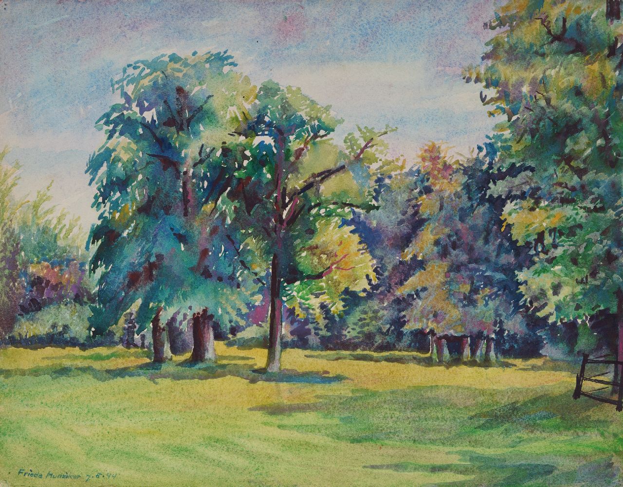 Hunziker F.  | Frieda Hunziker | Aquarelle und Zeichnungen zum Verkauf angeboten | Landschaftspark von Schloss Twickel, Delden, Aquarell auf Papier 34,9 x 44,8 cm, Unterzeichnet u.l. und datiert 7.8.'44