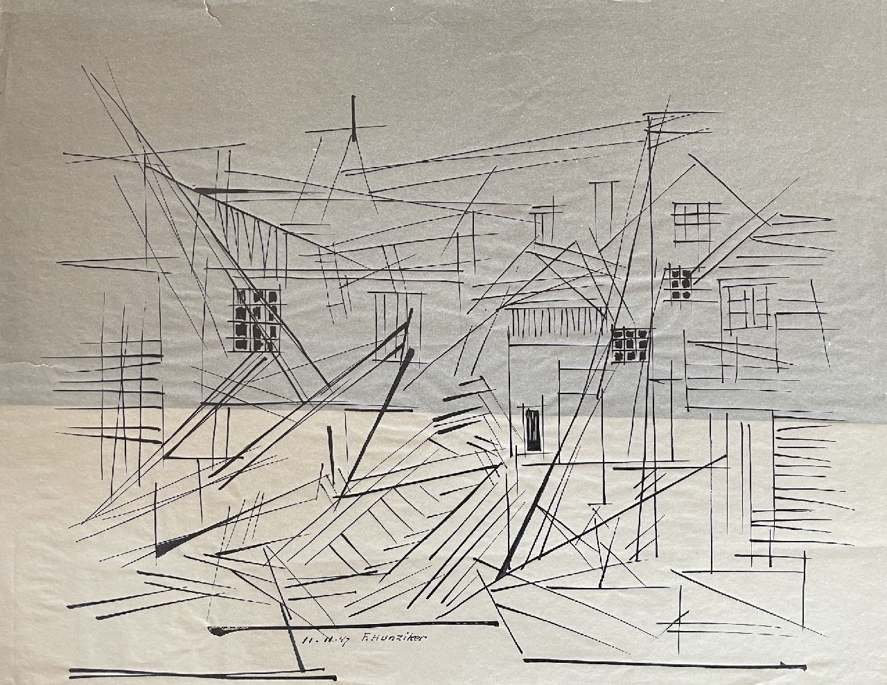 Hunziker F.  | Frieda Hunziker, Häuser und Schiffe, Feder und Tinte auf Pergament 30,0 x 38,5 cm, Unterzeichnet u.m. und datiert 11-11-47