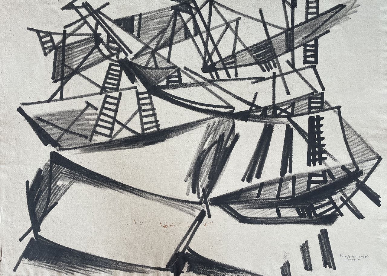 Hunziker F.  | Frieda Hunziker, Curaçao; im Verso: Komposition, pencil, ink and black chalk on paper 57,5 x 79,2 cm, Unterzeichnet u.r. und zu datieren ca. 1952