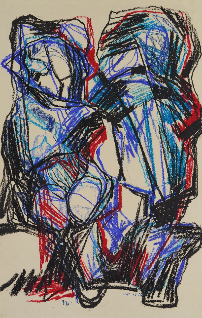 Hunziker F.  | Frieda Hunziker, Vorbereitende Studie 'zwei Figuren', Wachskreide auf Papier 78,5 x 49,9 cm, Unterzeichnet u.L. mit Initialen und datiert 10-12-'61