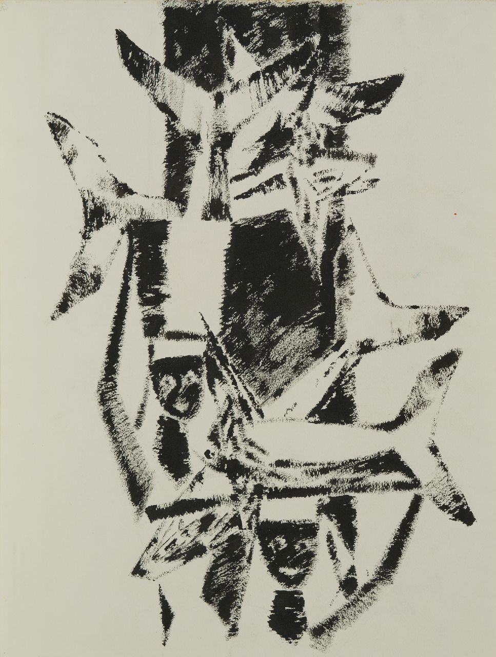 Hunziker F.  | Frieda Hunziker, Komposition mit Fisch, Tinte auf Papier 74,1 x 56,5 cm, Unterzeichnet im Verso und datiert im Verso '53