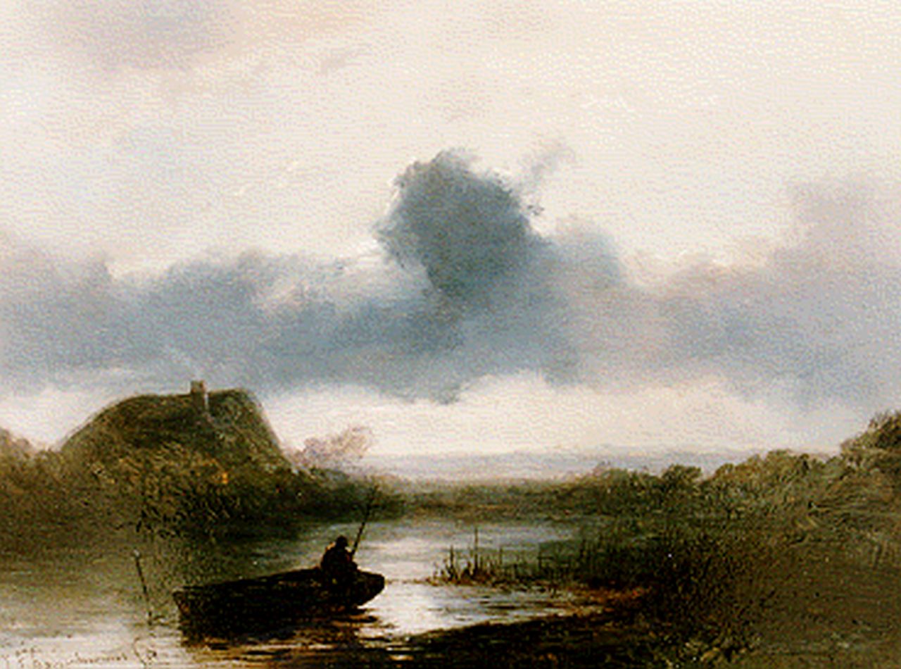 Hoppenbrouwers J.F.  | Johannes Franciscus Hoppenbrouwers, A fisherman in a polder landscape, Öl auf Holz 19,1 x 26,0 cm, signed l.l.