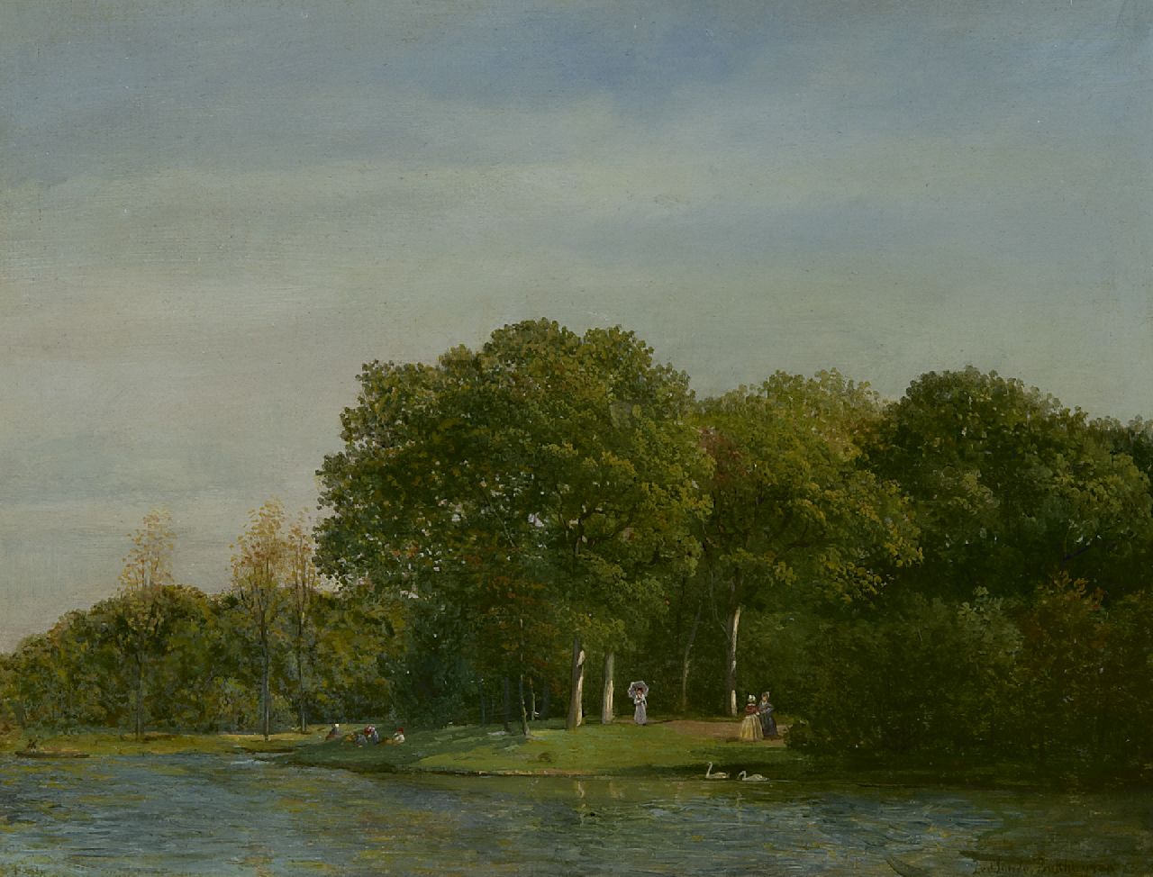 Sande Bakhuyzen J.J. van de | Julius Jacobus van de Sande Bakhuyzen | Gemälde zum Verkauf angeboten | Parklandschaft mit eleganter Gesellschaft, Öl auf Papier auf Holz 26,7 x 35,0 cm, Unterzeichnet r.u.