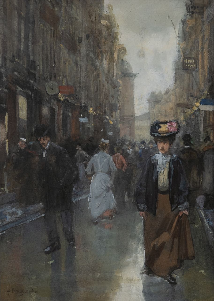 Arntzenius P.F.N.J.  | Pieter Florentius Nicolaas Jacobus 'Floris' Arntzenius | Aquarelle und Zeichnungen zum Verkauf angeboten | Belebte Spuistraat in Den Haag, Aquarell auf Papier 41,6 x 30,7 cm, Unterzeichnet u.l.