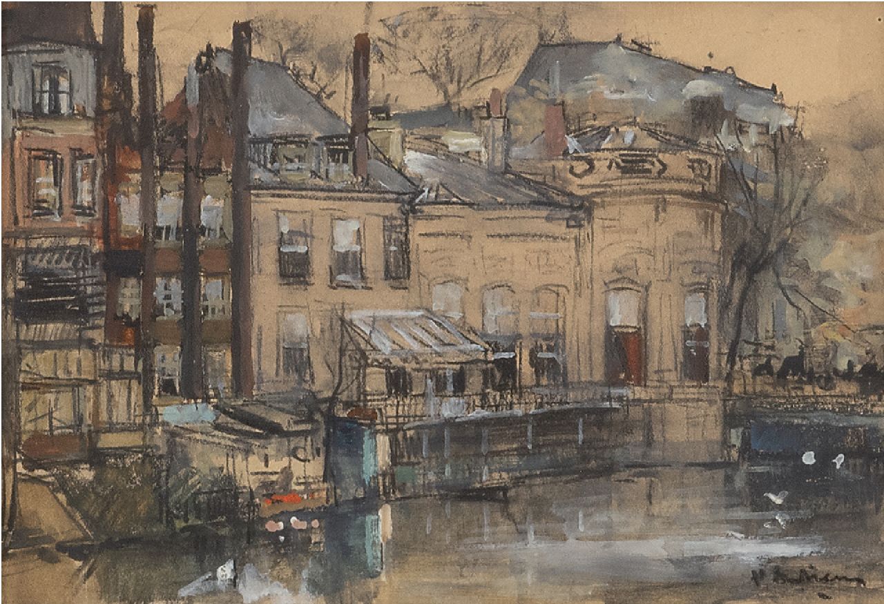 Arntzenius P.F.N.J.  | Pieter Florentius Nicolaas Jacobus 'Floris' Arntzenius | Aquarelle und Zeichnungen zum Verkauf angeboten | Blick auf die Rückseite des Binnenhofs, Den Haag, Schwarze Kreide und Aquarell auf Papier 11,6 x 16,6 cm, Unterzeichnet u.r.