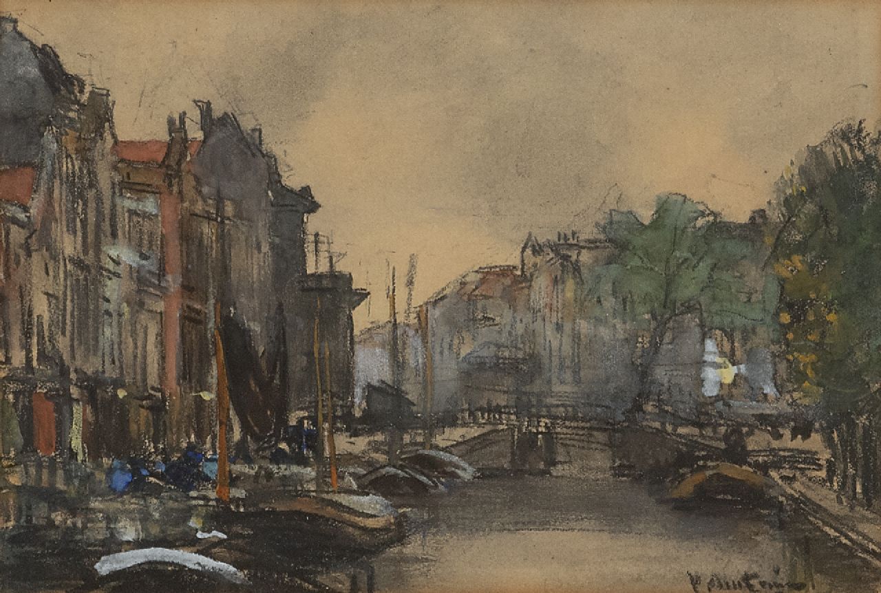 Arntzenius P.F.N.J.  | Pieter Florentius Nicolaas Jacobus 'Floris' Arntzenius | Aquarelle und Zeichnungen zum Verkauf angeboten | Blick auf einen Kanal, Schwarze Kreide und Aquarell auf Papier 13,1 x 19,2 cm, Unterzeichnet u.r.