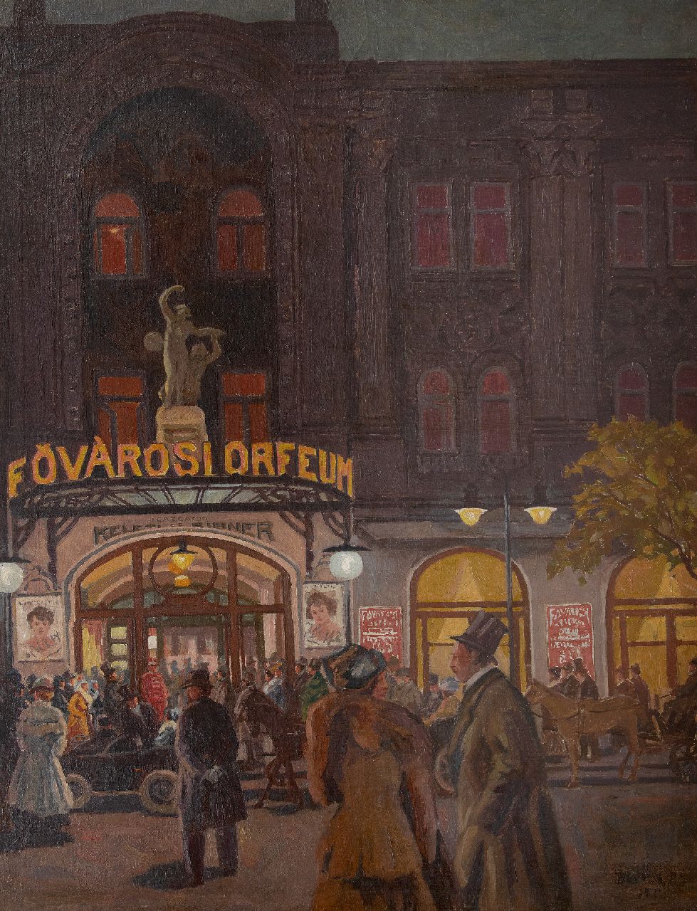 Berkes A.  | Antal Berkes | Gemälde zum Verkauf angeboten | Beim Varieté-Theater Fövárosi Orfeum in Budapest, Öl auf Leinwand 115,3 x 89,0 cm, Unterzeichnet u.r. und datiert (unklar), ohne Rahmen