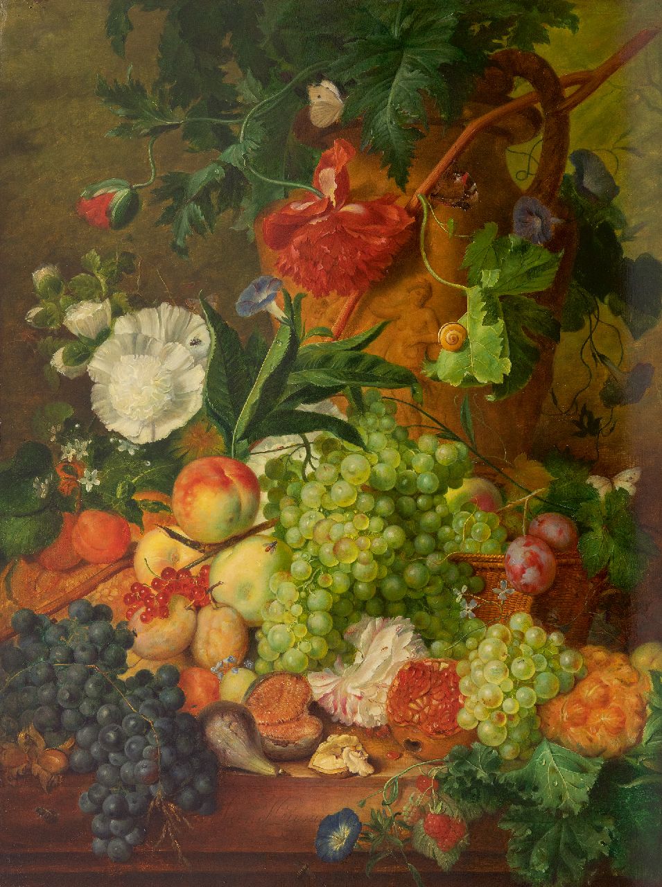 Hollandse School, 19e eeuw   | Hollandse School, 19e eeuw | Gemälde zum Verkauf angeboten | Stilleben mit Blumen und Früchten, Öl auf Holz 78,2 x 58,5 cm, Unterzeichnet u.m. mit Jan Van Huysum und datiert 1735
