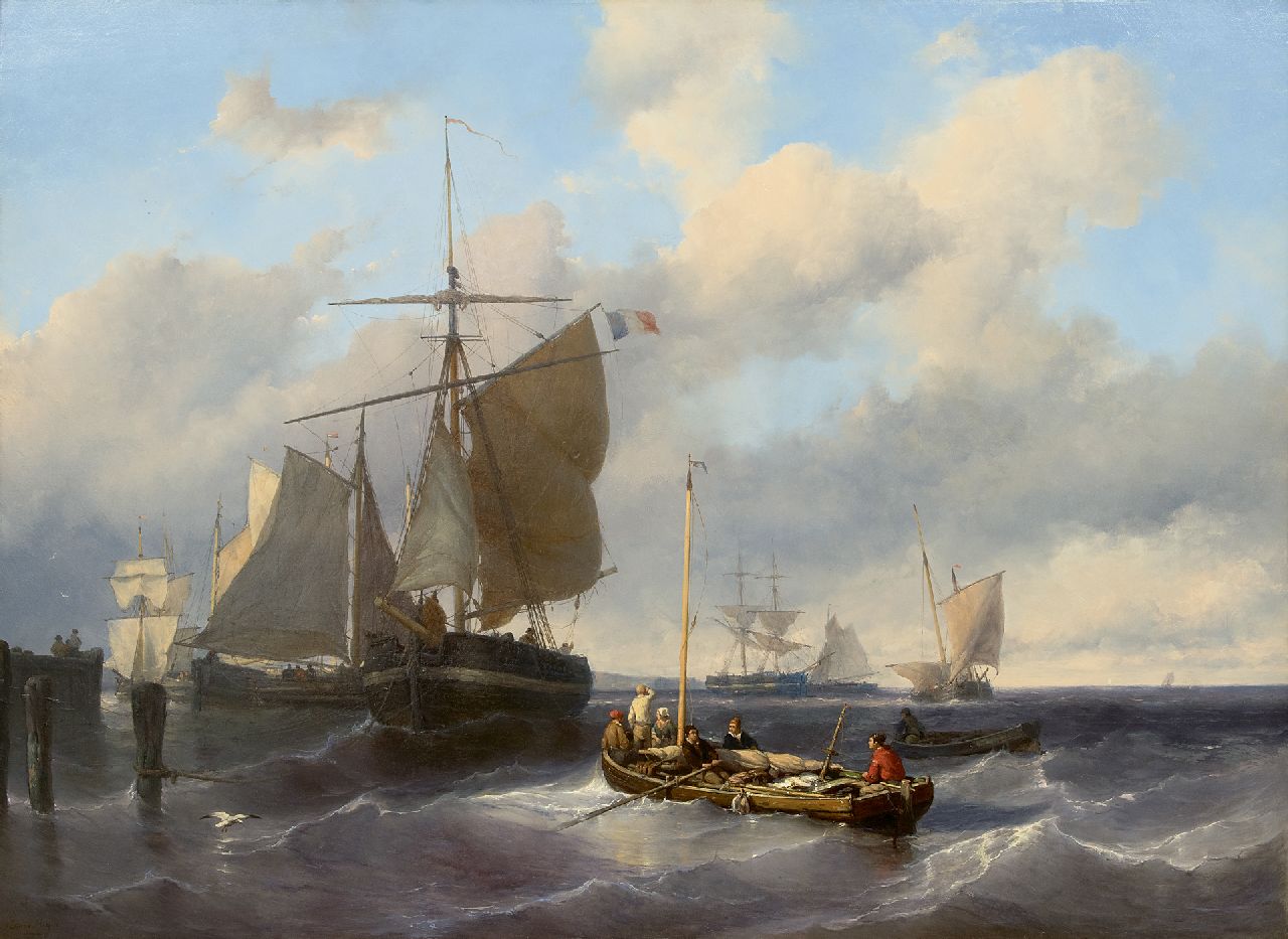 Meijer J.H.L.  | Johan Hendrik 'Louis' Meijer | Gemälde zum Verkauf angeboten | Die Segel setzen beim Hafen Eingang, Öl auf Holz 79,8 x 110,5 cm, Unterzeichnet u.l.