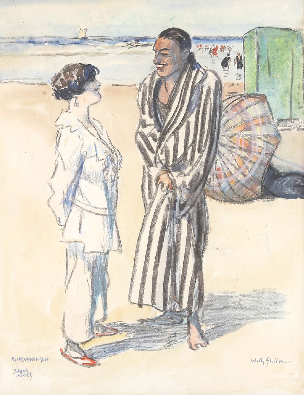 Sluiter J.W.  | Jan Willem 'Willy' Sluiter | Aquarelle und Zeichnungen zum Verkauf angeboten | Scheveningen, Bains Mixtes, Kreide und Aquarell auf Papier auf Leinwand 47,0 x 36,7 cm, Unterzeichnet u.r.