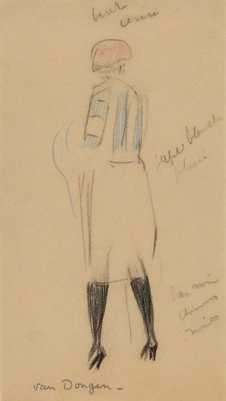 Dongen C.T.M. van | Cornelis Theodorus Maria 'Kees' van Dongen | Aquarelle und Zeichnungen zum Verkauf angeboten | Femme de dos, Schwarze und Farbkreide auf Papier 20,8 x 11,7 cm, Unterzeichnet u.M.