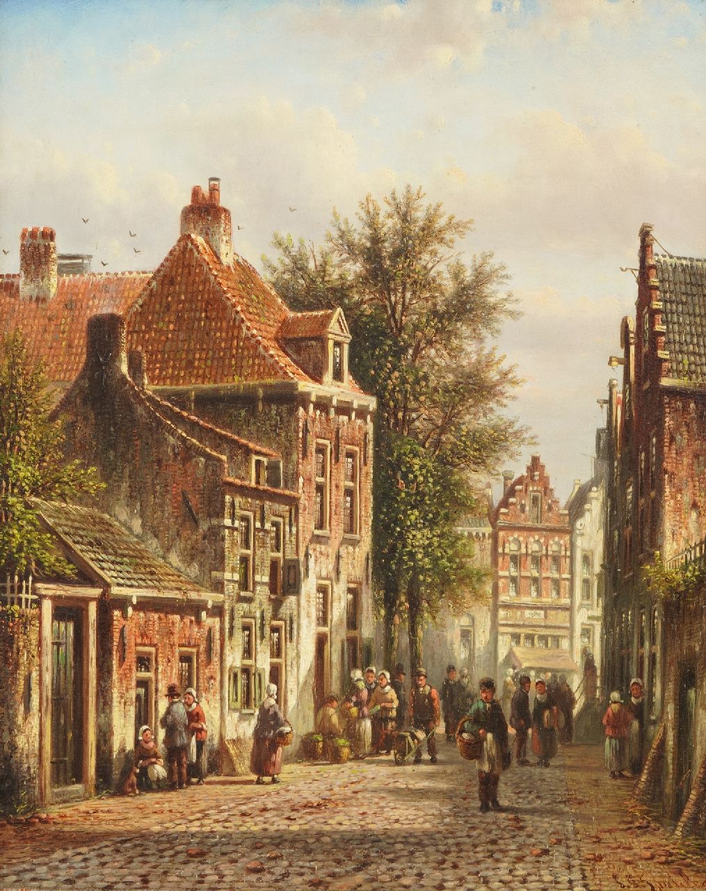Spohler J.F.  | Johannes Franciscus Spohler | Gemälde zum Verkauf angeboten | Sonnige  holländische Straße, Öl auf Holz 26,6 x 21,3 cm, Unterzeichnet u.r.