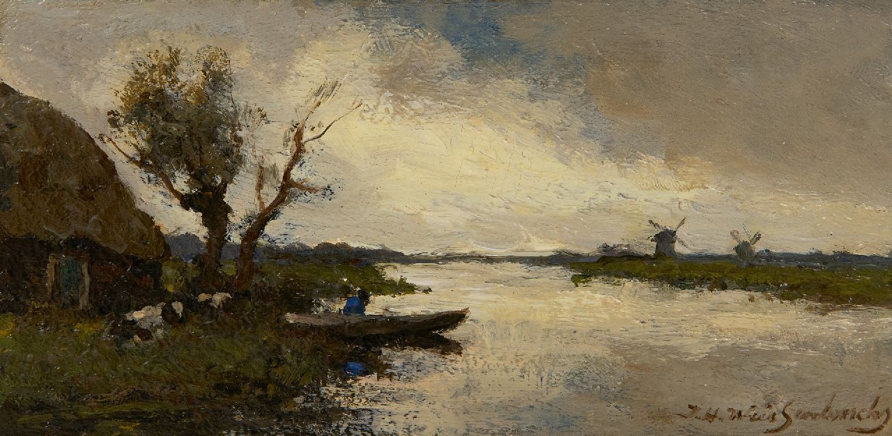 Weissenbruch H.J.  | Hendrik Johannes 'J.H.' Weissenbruch | Gemälde zum Verkauf angeboten | Polderlandschaft bei Schauerwetter, Öl auf Holz 9,9 x 20,0 cm, Unterzeichnet u.r.