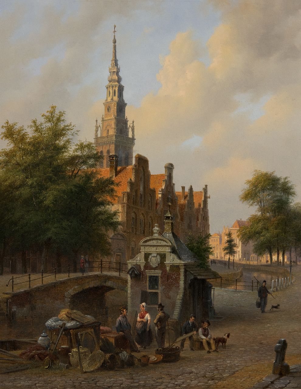 Hove B.J. van | Bartholomeus Johannes 'Bart' van Hove | Gemälde zum Verkauf angeboten | Stadtbild mit einem Antiquitätenhändler im Vordergrund, Öl auf Holz 50,1 x 39,6 cm, Unterzeichnet u.l. und datiert 1844