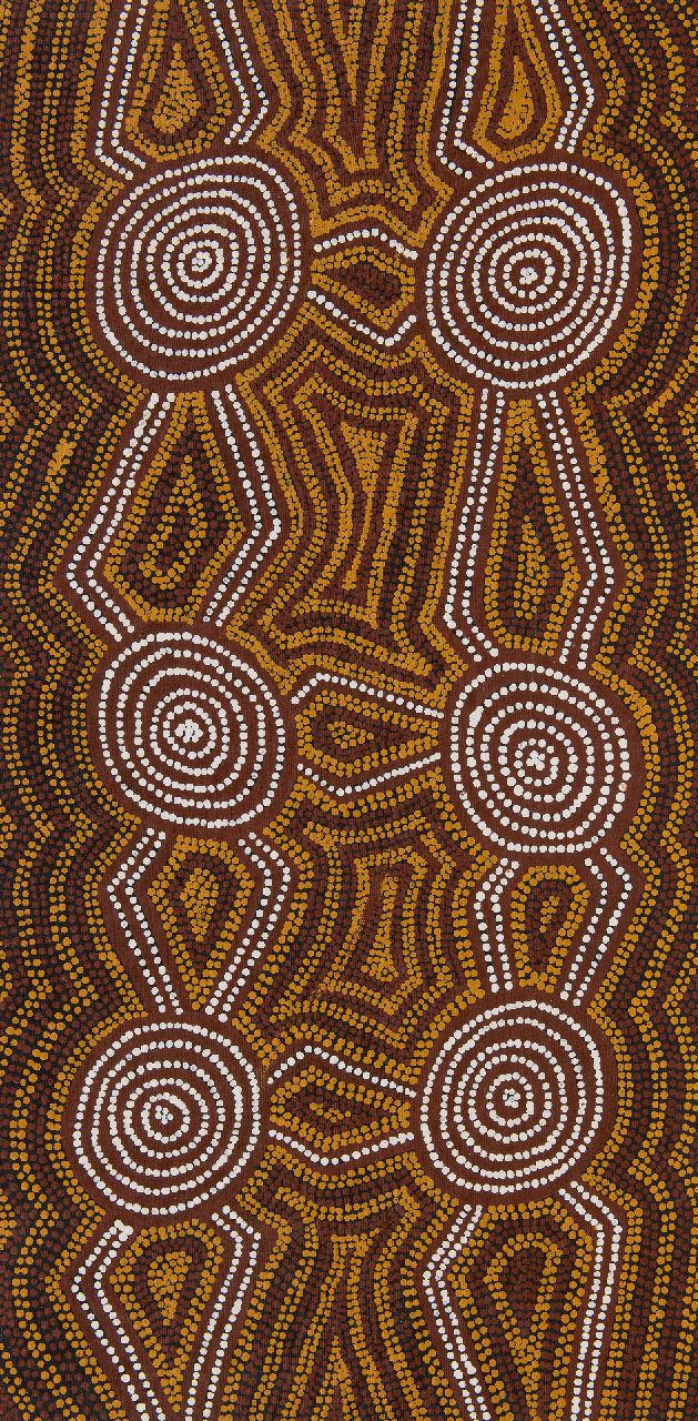 Tjapaltjarri M.G.  | Morris Gibson Tjapaltjarri | Gemälde zum Verkauf angeboten | Tingari stories, Öl auf Leinwand 91,0 x 46,0 cm, Unterzeichnet im Verso