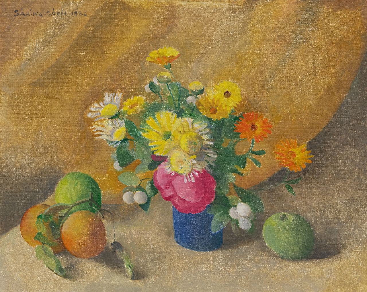 Góth C.  | Charlotte 'Sarika' Góth | Gemälde zum Verkauf angeboten | Stillleben mit Blumen in blauer Vase, Öl auf Leinwand 40,1 x 50,0 cm, Unterzeichnet o.l. und datiert 1986