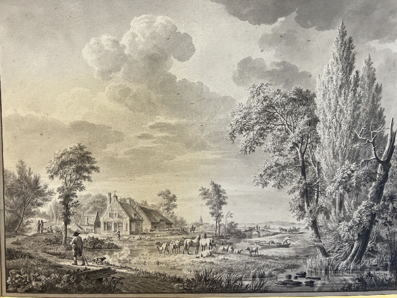 Koekkoek J.H.  | Johannes Hermanus Koekkoek | Aquarelle und Zeichnungen zum Verkauf angeboten | Flusslandschaft mit Figuren und Rindern an einem Bauernhaus, Getuschte Tinte auf Papier 29,0 x 38,8 cm, Unterzeichnet u.l.