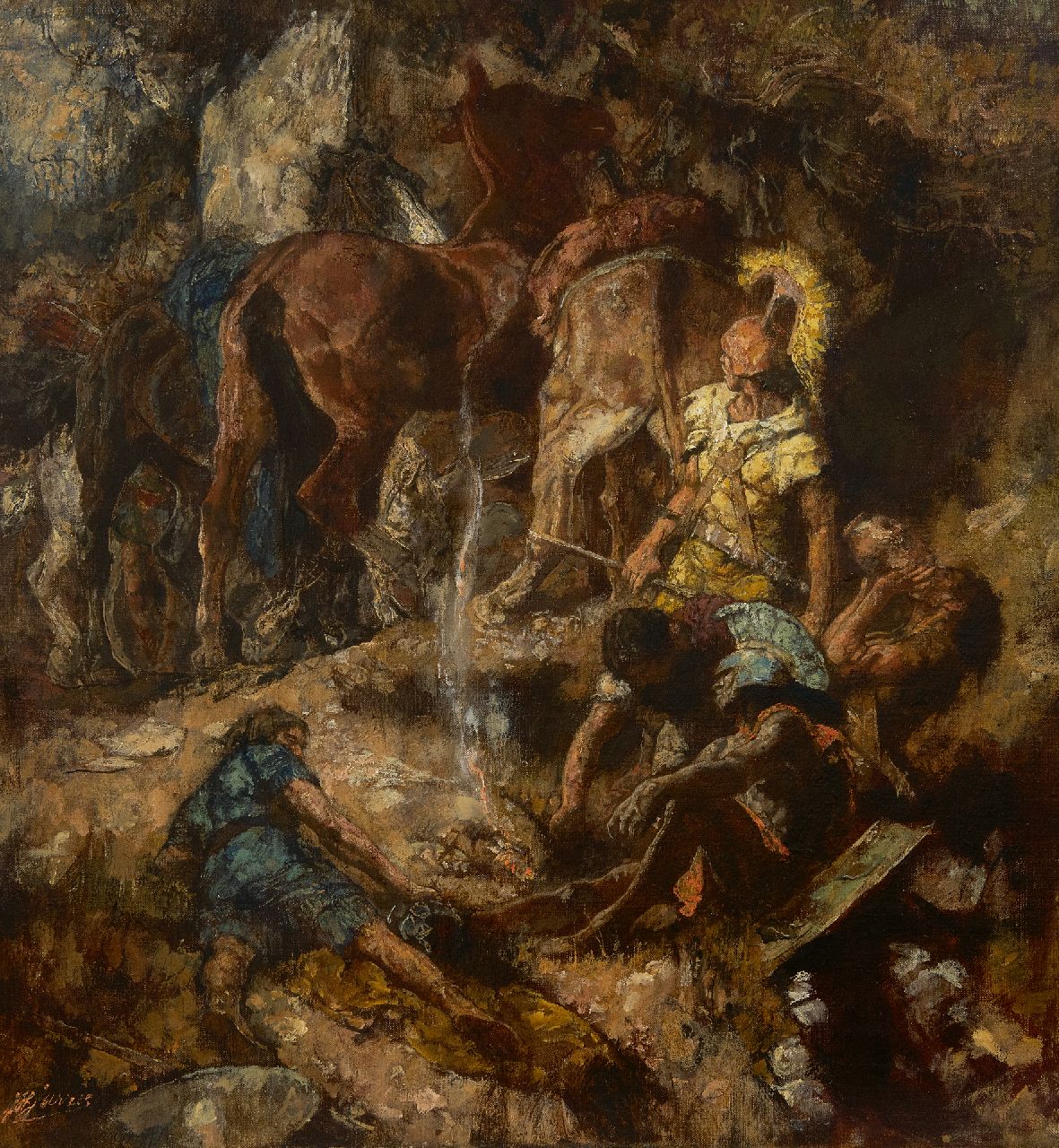Johannes Hendricus Jurres | Römische Soldaten und ihre Pferde an einer Wasserstelle, Öl auf Leinwand, 54,0 x 50,0 cm, Unterzeichnet u.l.