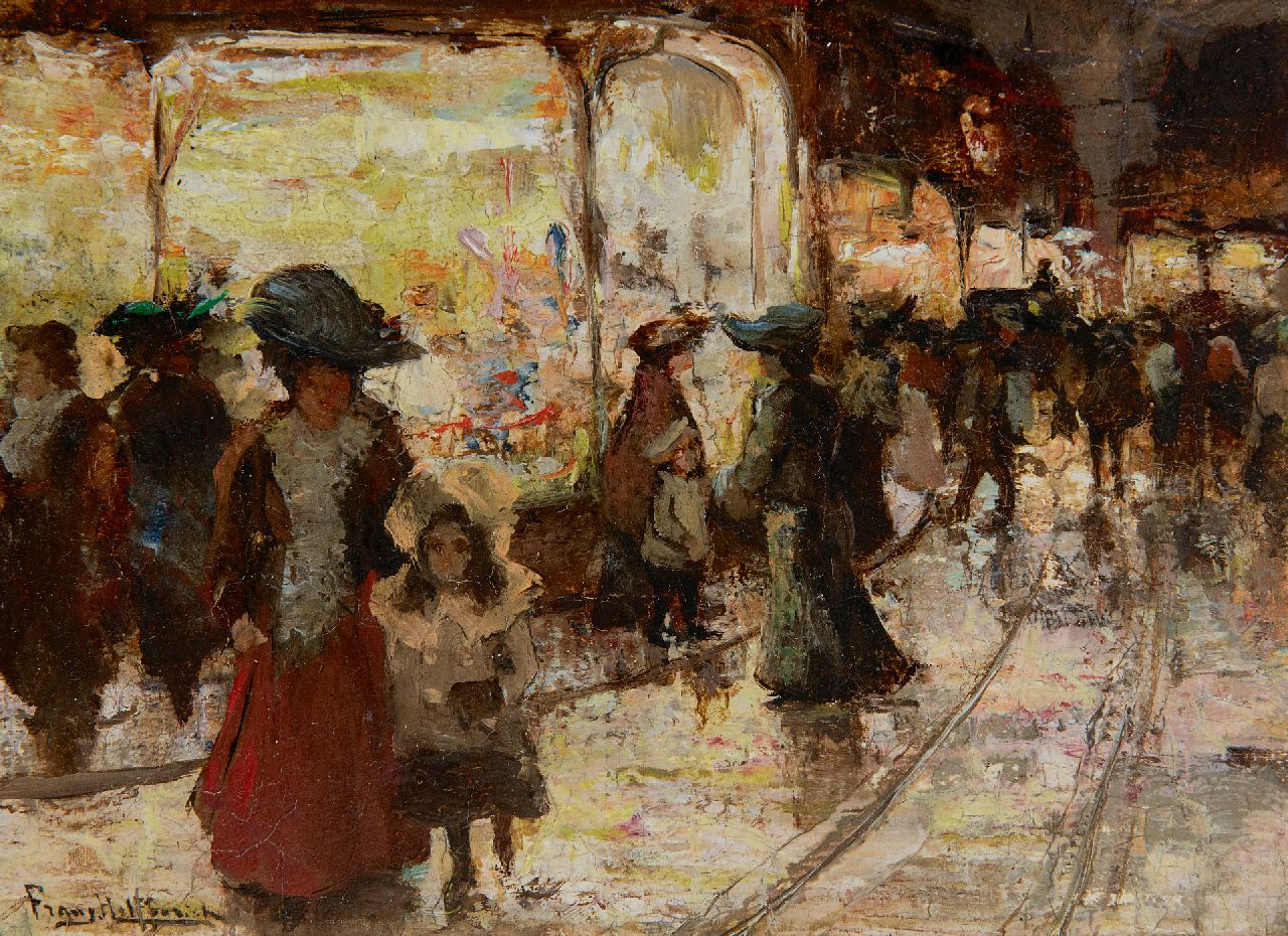 Helfferich F.W.  | Franciscus Willem 'Frans' Helfferich | Gemälde zum Verkauf angeboten | Shoppen bei Abend, Den Haag, Öl auf Holz 12,0 x 16,0 cm, Unterzeichnet u.l.