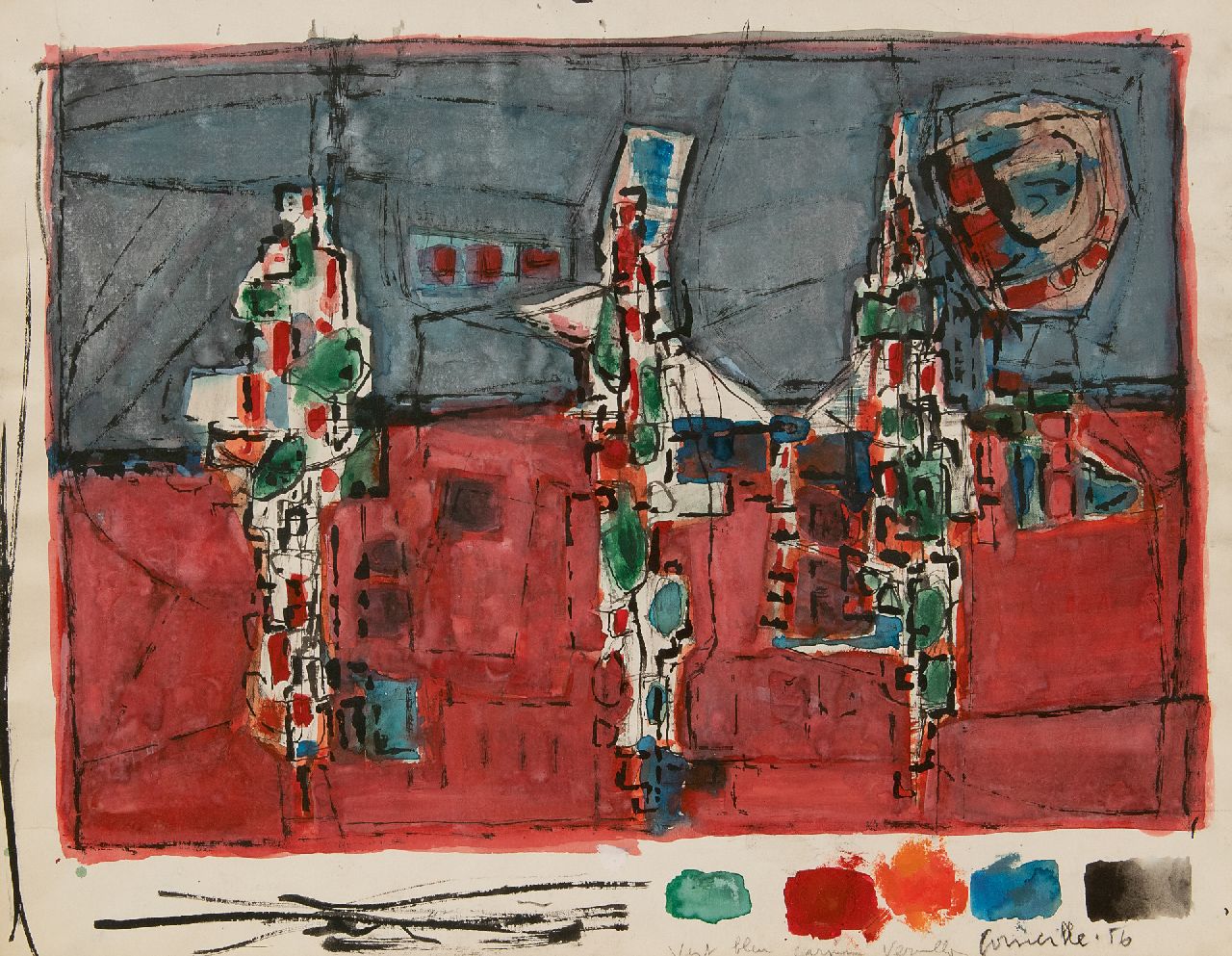 Corneille ('Corneille' Guillaume Beverloo)   | Corneille ('Corneille' Guillaume Beverloo) | Aquarelle und Zeichnungen zum Verkauf angeboten | Nuit d'été (Sommernacht), Tinte und Gouache auf Papier 37,5 x 48,2 cm, Unterzeichnet u.r. und datiert '56