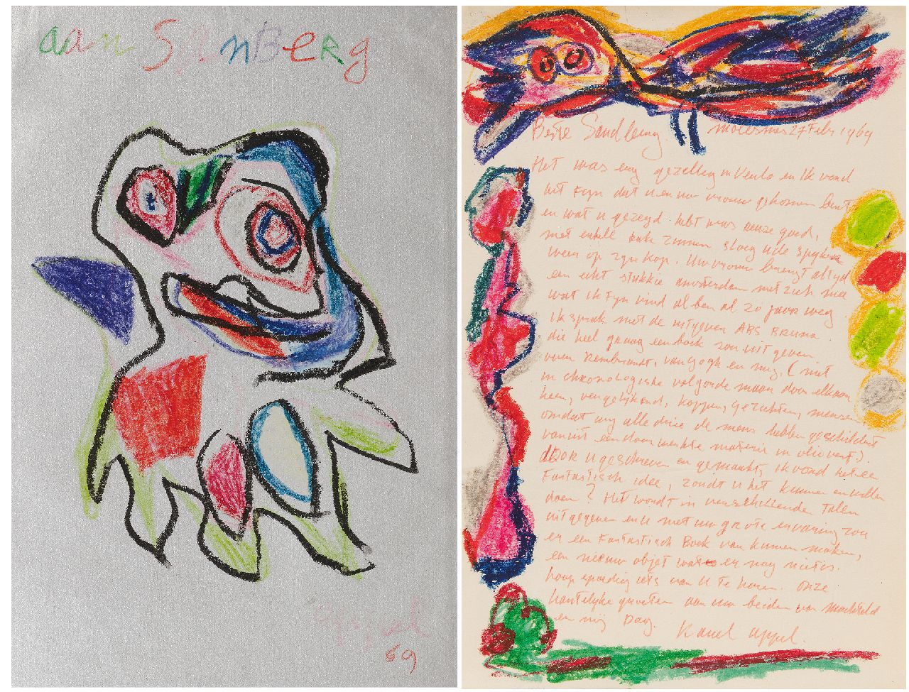 Appel C.K.  | Christiaan 'Karel' Appel |  zum Verkauf angeboten | Figur 'Aan Sanberg' (mit illustriertem Brief), wax crayon on tinfoil 48,5 x 32,5 cm, Unterzeichnet u.r. und datiert '69