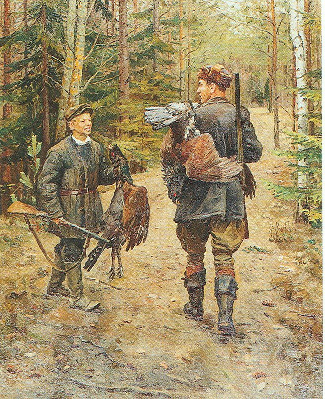 Sysoev N.A.  | Nikolay Aleksandrovitch Sysoev, Hunters in a forest, Öl auf Leinwand 124,0 x 100,0 cm, signed on the reverse und dated 1955