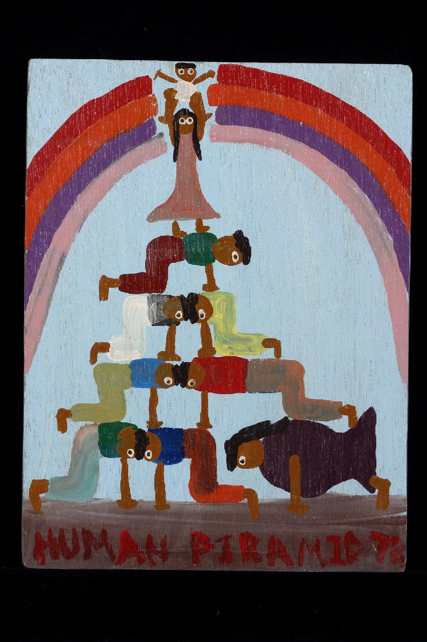 Brown T.  | Timothy 'Tim' Brown | Gemälde zum Verkauf angeboten | Human piramid, Acryl auf Holz 43,2 x 32,7 cm, Unterzeichnet u.r. mit Initialen