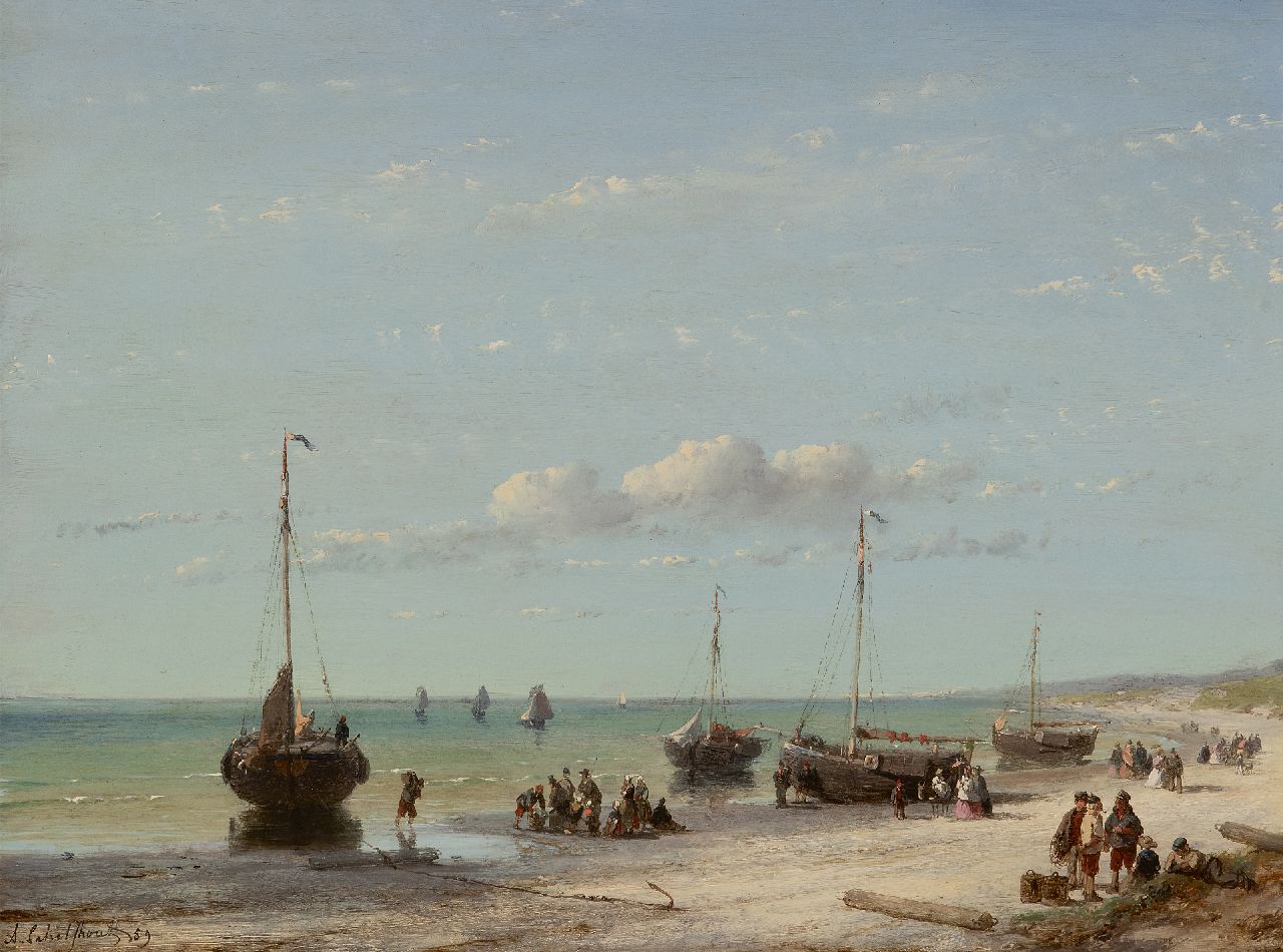 Schelfhout A.  | Andreas Schelfhout | Gemälde zum Verkauf angeboten | Strandszene mit Schiffen, Fischern und eleganten Spaziergängern, Öl auf Holz 32,1 x 43,0 cm, Unterzeichnet u.l. und datiert '59