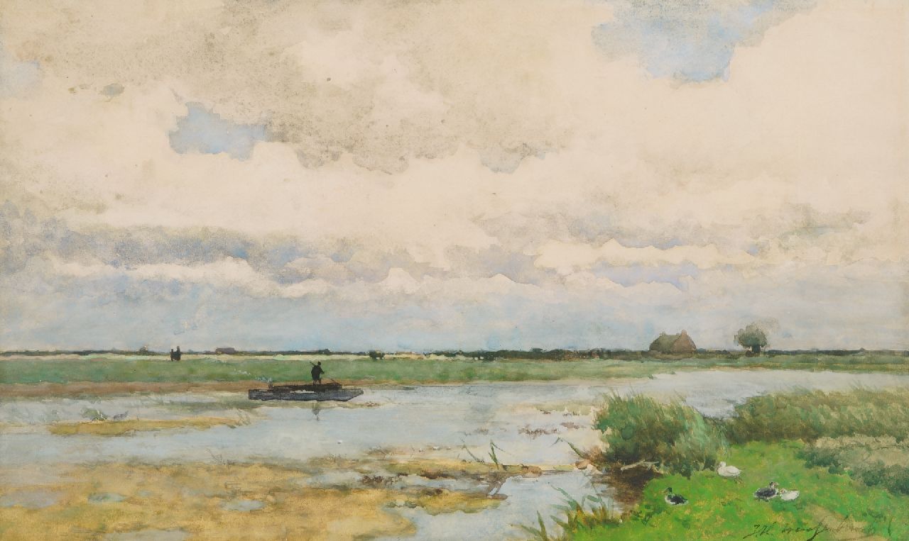 Weissenbruch H.J.  | Hendrik Johannes 'J.H.' Weissenbruch | Aquarelle und Zeichnungen zum Verkauf angeboten | Wasseransicht mit Lastkahn, Aquarell auf Papier 32,5 x 54,0 cm, Unterzeichnet u.r.