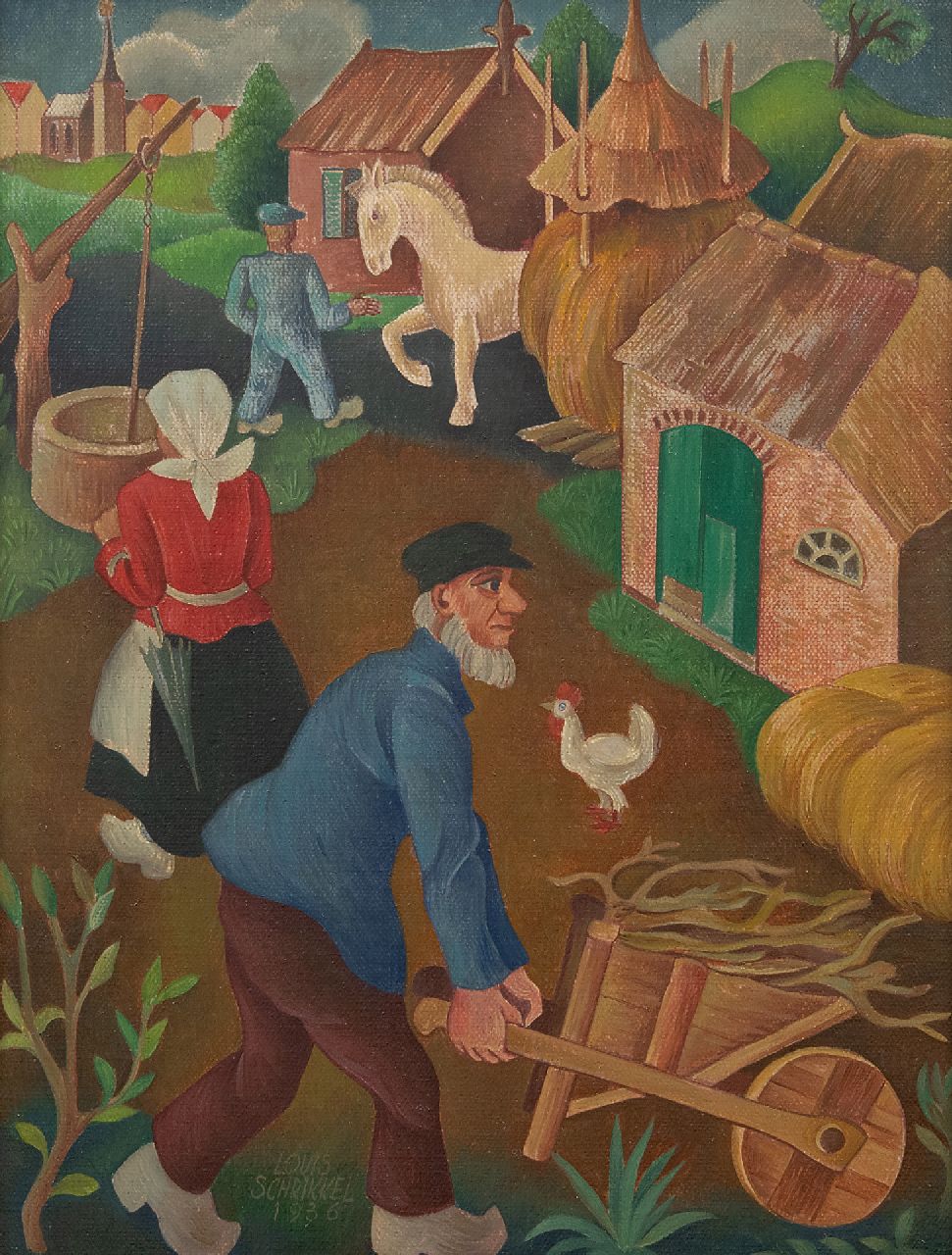 Schrikkel J.L.  | Johannes Lodewijk 'Louis' Schrikkel, Geschäftigkeit auf dem Bauernhof, Öl auf Leinwand auf Holz 35,5 x 27,1 cm, Unterzeichnet l.u. und datiert 1936