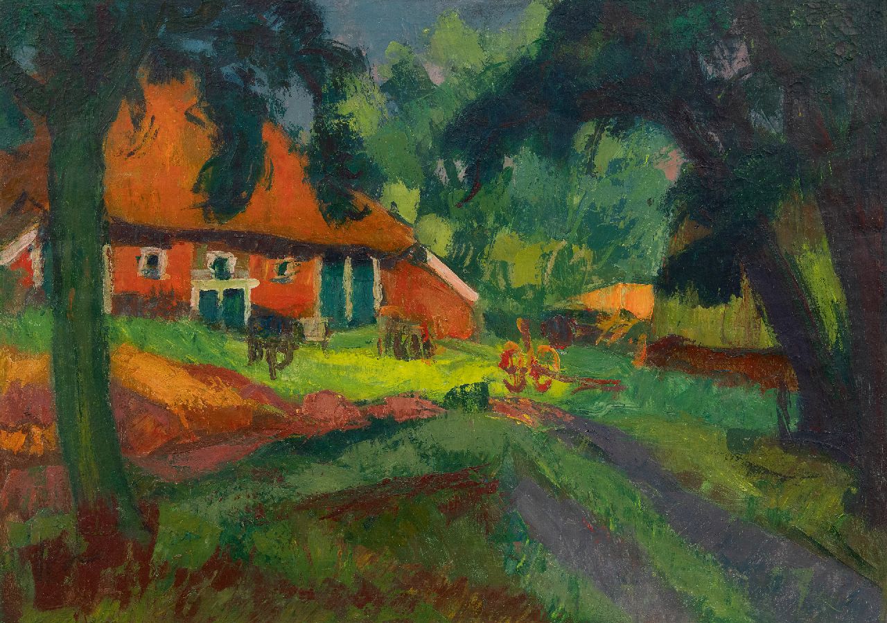 Vries J. de | Jannes de Vries | Gemälde zum Verkauf angeboten | Bauernhof in Westerwolde: Verso: Blick auf die Waal, Wachsfarbe auf Leinwand 50,1 x 69,4 cm, Unterzeichnet verso und zu datieren ca. 1960