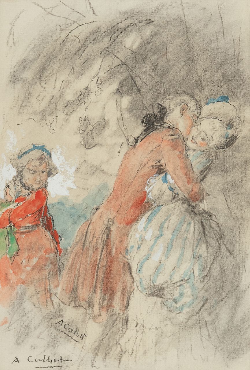 Calbet A.  | Antoine Calbet, Der gestohlene Kuß, Kreide und Aquarell auf Papier 20,0 x 14,0 cm, Unterzeichnet l.u.