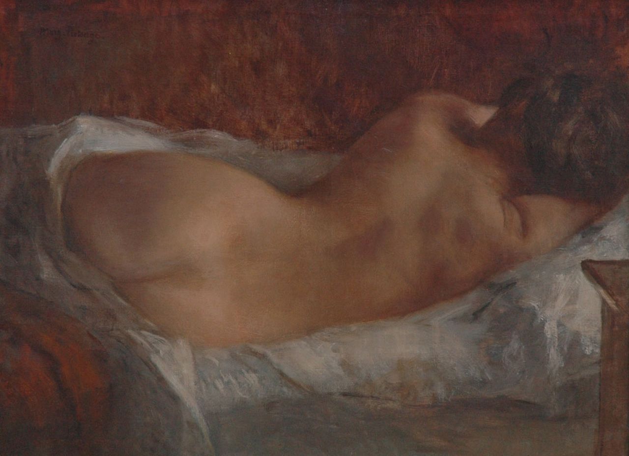Putsage M.  | Marguérite Putsage | Gemälde zum Verkauf angeboten | Ruhender weiblicher Akt von der Rückseite, Öl auf Leinwand 64,8 x 88,1 cm, Unterzeichnet o.l. und Verso