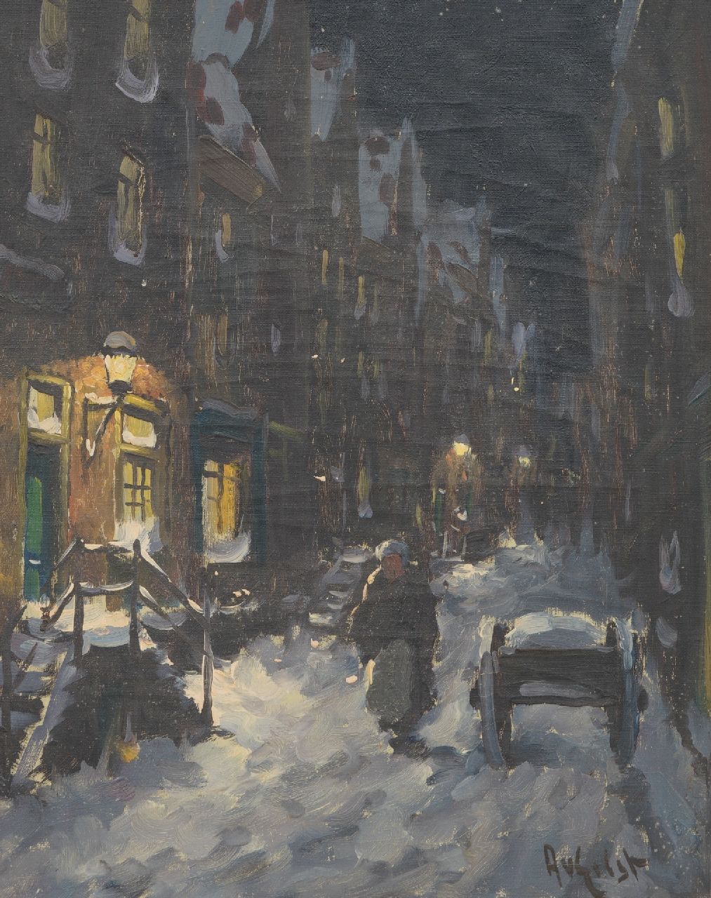 Arnout van Gilst | Strasse im Schnee bei Nacht, Öl auf Leinwand, 50,1 x 39,9 cm, Unterzeichnet u.r.