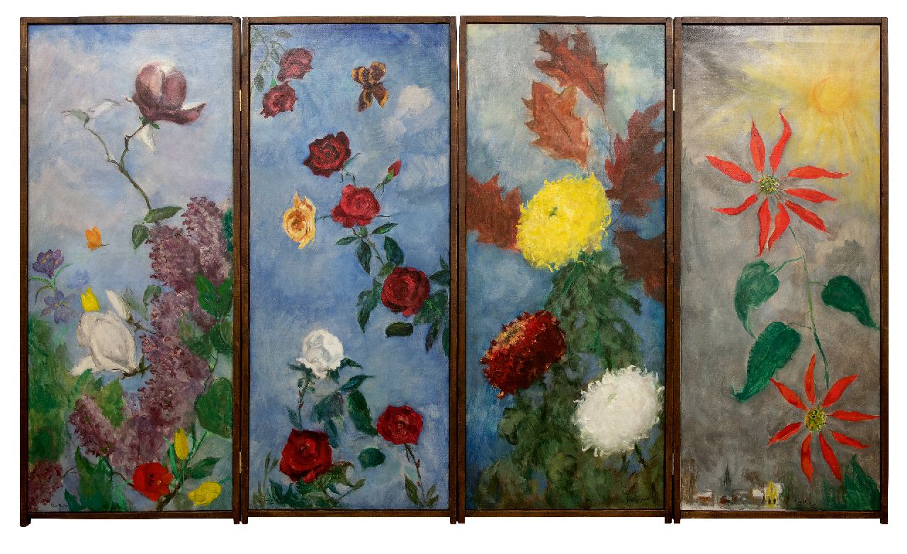 Wijngaerdt P.T. van | Petrus Theodorus 'Piet' van Wijngaerdt | Gemälde zum Verkauf angeboten | 4-teiliger Raumteiler: den vier Jahreszeiten, Öl auf Leinwand 145,0 x 61,2 cm, Unterzeichnet u.l., u.r. und u.m. und Total Größe: 145 x 245