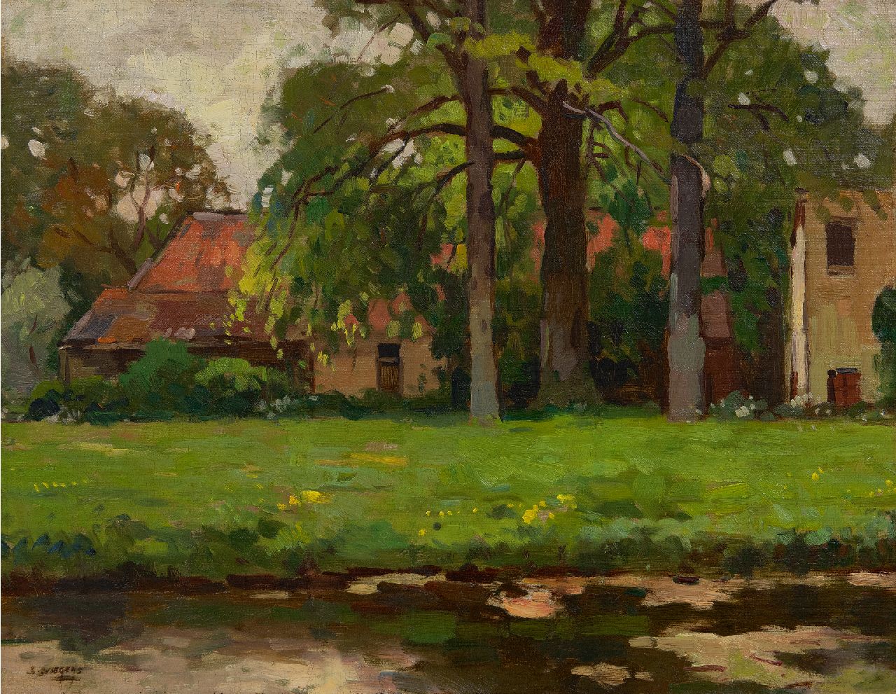 Viegers B.P.  | Bernardus Petrus 'Ben' Viegers | Gemälde zum Verkauf angeboten | Bauernhof und Bäume entlang eines Baches, Öl auf Leinwand 38,4 x 48,6 cm, Unterzeichnet u.l.