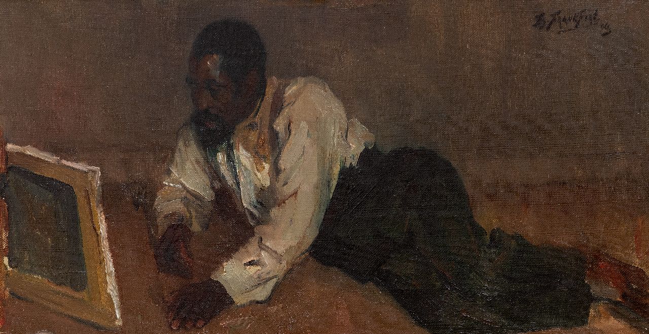 Frankfort E.  | Eduard Frankfort, Der Kunstliebhaber, Öl auf Leinwand 32,8 x 59,9 cm, Unterzeichnet o.r. und datiert '06