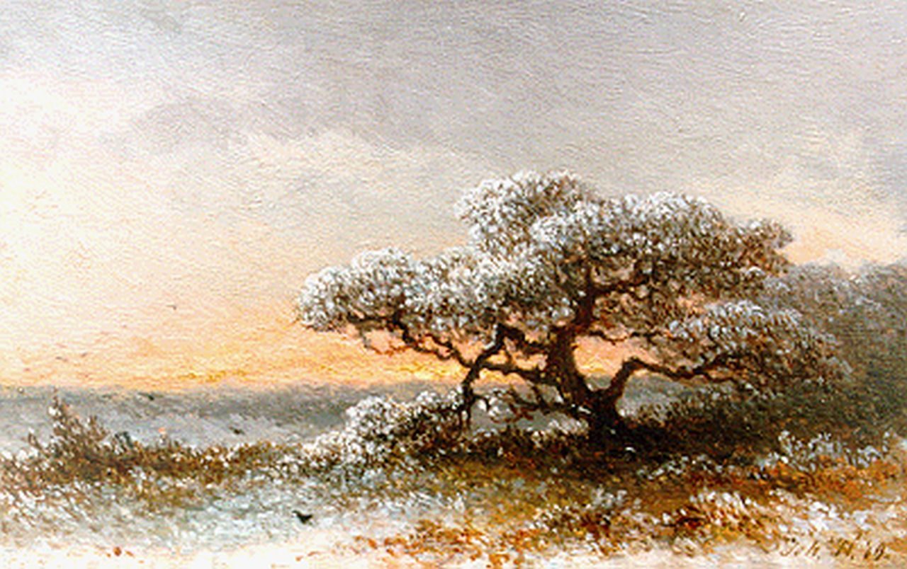 Hilverdink J.  | Johannes Hilverdink, Evening twilight, Öl auf Holz 12,5 x 19,6 cm, signed l.r. und dated '49