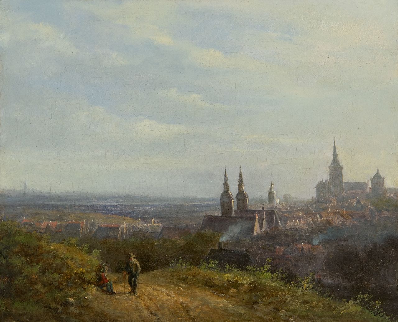 Anthony Biester | Panoramablick auf Kleve mit in der Ferne dem Atelierturm von B.C. Koekkoek mit der Statue von Pallas Athene, Öl auf Leinwand, 25,9 x 31,9 cm