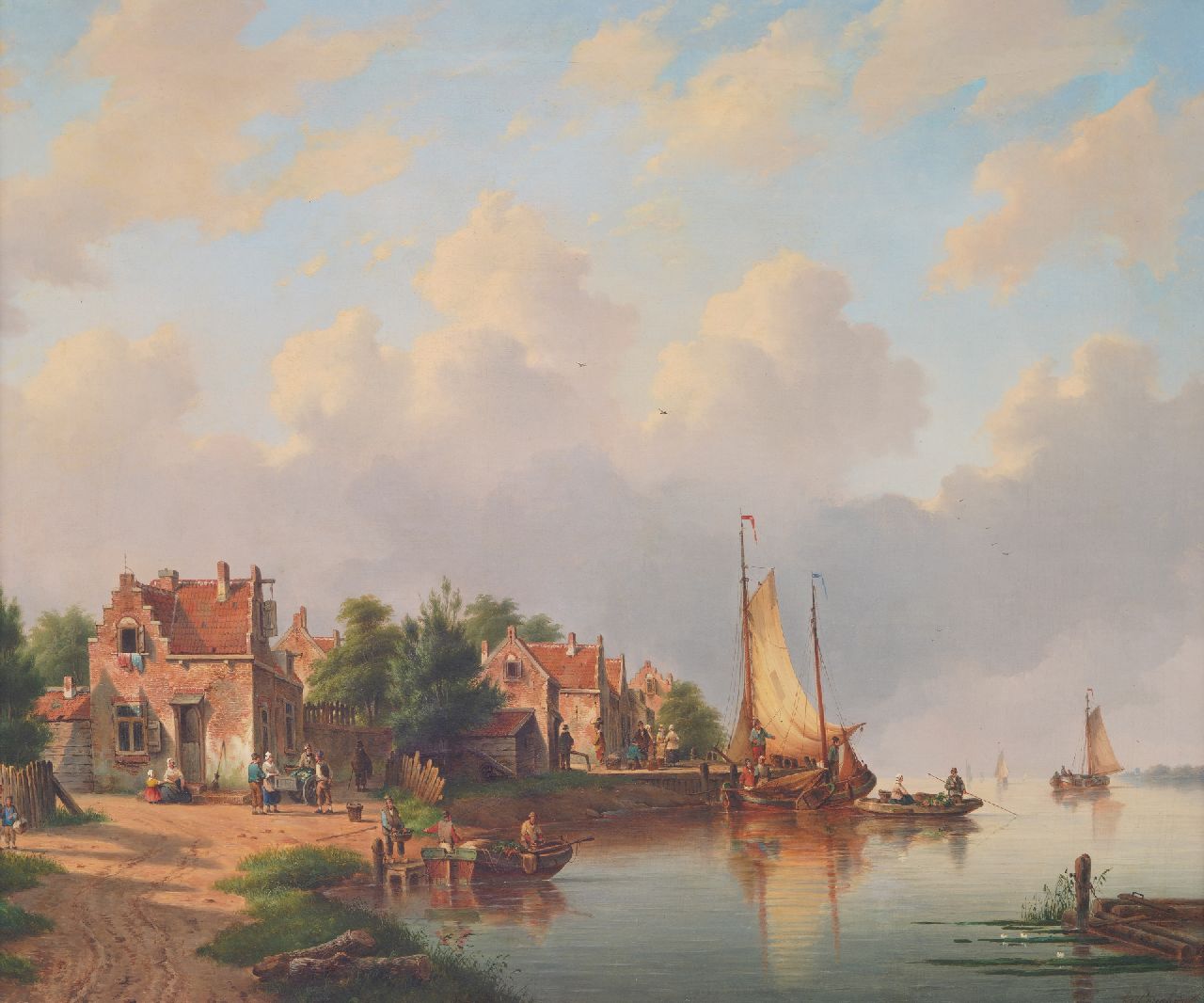 Hendriks G.  | Gerardus 'George Henry' Hendriks | Gemälde zum Verkauf angeboten | Dorf am Fluss mit Fußfähre und Segelschiffen, Öl auf Leinwand 83,0 x 98,4 cm