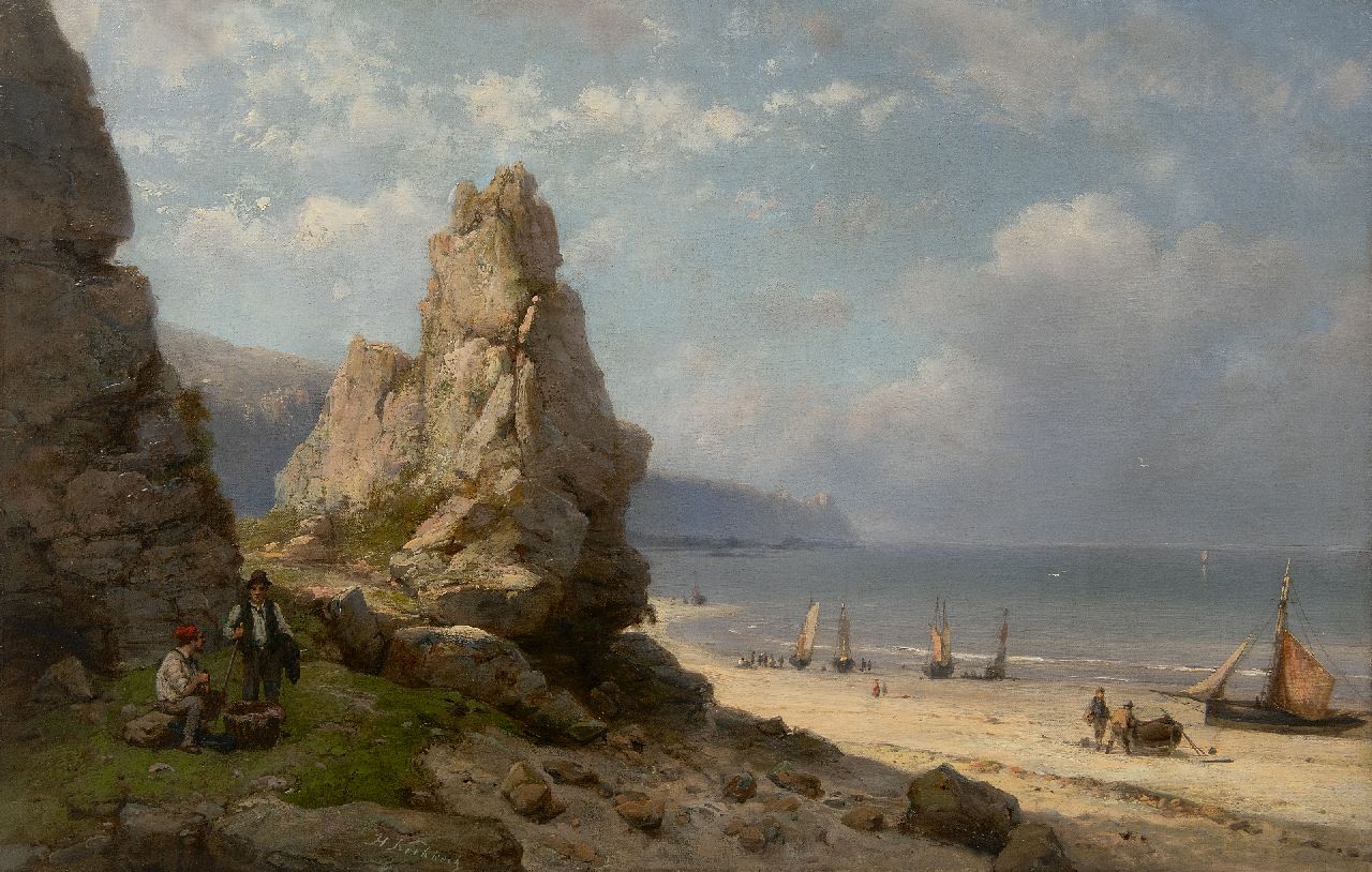 Koekkoek H. | Hermanus Koekkoek | Gemälde zum Verkauf angeboten | Strandszene mit Fischern und Schiffen an einer felsigen Küste, Öl auf Leinwand 37,2 x 57,5 cm, Unterzeichnet u.m. Koekkoek H. | Hermanus Koekkoek | Gemälde zum Verkauf angeboten | Strandszene mit Fischern und Schiffen an einer felsigen Küste, Öl auf Leinwand 37,2 x 57,5 cm, Unterzeichnet u.m.
