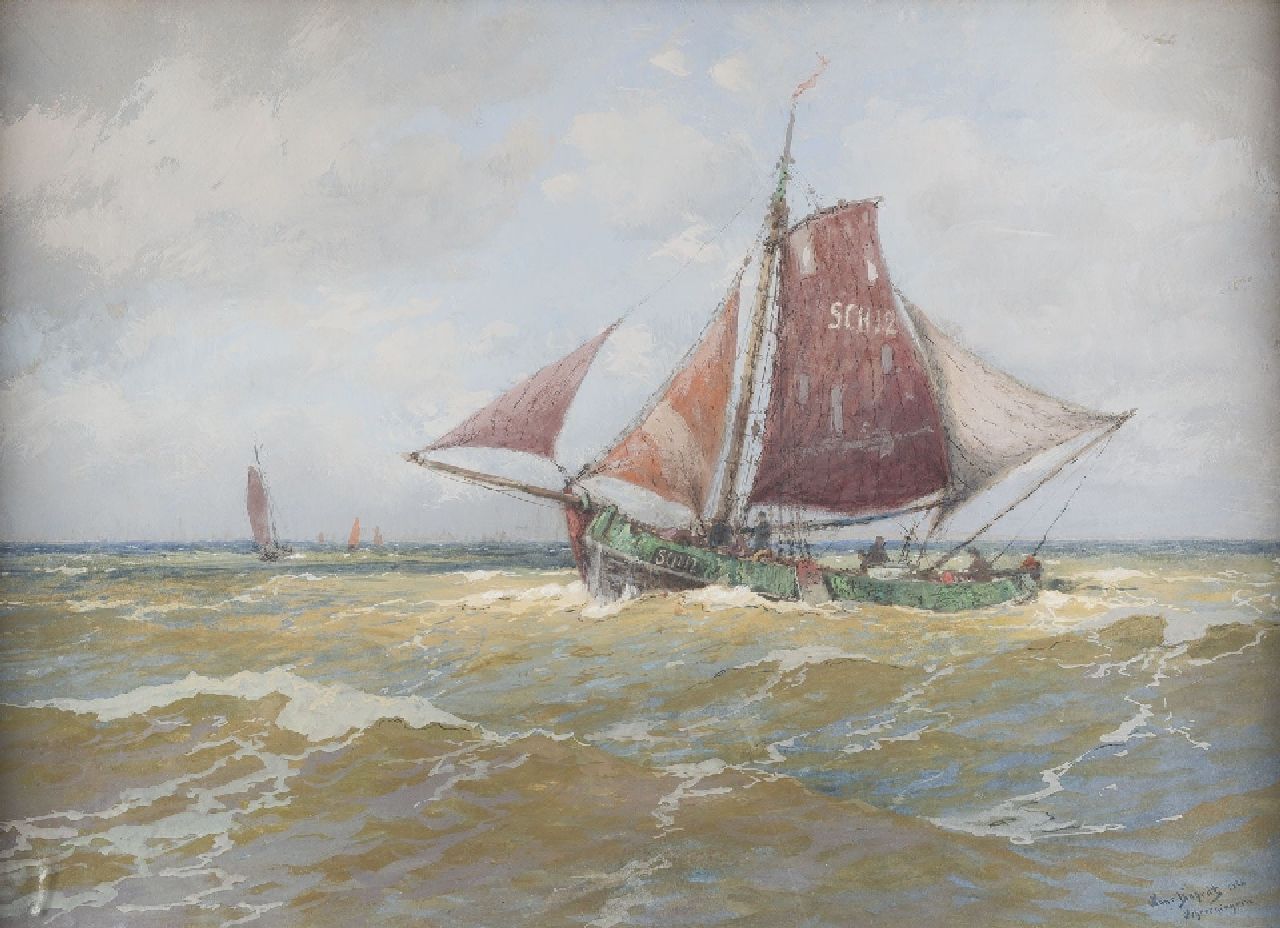 Bohrdt H.  | Hans Bohrdt | Aquarelle und Zeichnungen zum Verkauf angeboten | Abfahrt der 'Scheveningen 12', Kreide und Gouache auf Holzfaser 49,6 x 69,4 cm, Unterzeichnet u.r. und datiert 1926