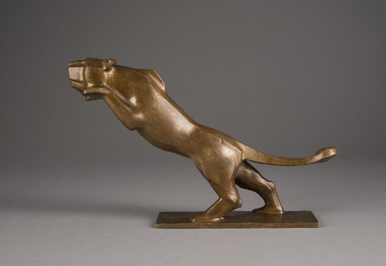 Hanebal W.  | Wilhelm 'Will' Hanebal | Skulpturen und Objekte zum Verkauf angeboten | Springender Tiger, Bronze 19,5 x 30,0 cm, Unterzeichnet auf dem Basis