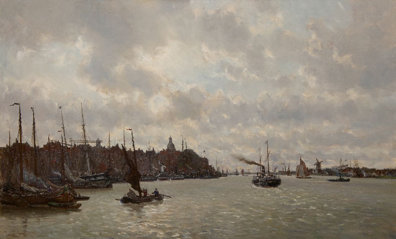 Apol L.F.H.  | Lodewijk Franciscus Hendrik 'Louis' Apol, Ein Blick auf Dordrecht über den Fluss Merwede, Öl auf Leinwand 91,3 x 147,0 cm, Unterzeichnet u.l. und datiert '82